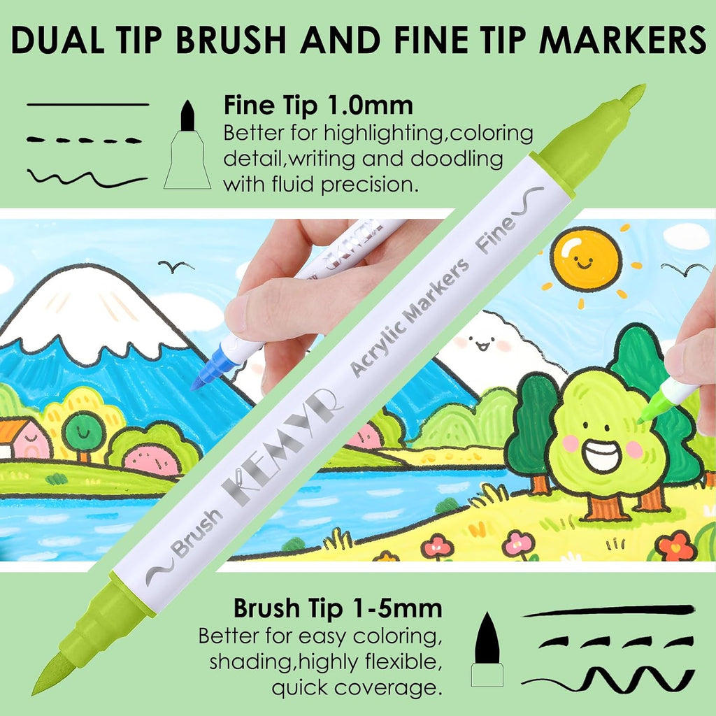 KEMYR 24 Colors Brush & Fine Tip Acrylic Paint Pens, Dual Tip Acrylic Paint Markers for Paper, Wood, Canvas, Stone, Rock, Glass, Fabric, DIY, Ceramic, Art Supplies for Adults Drawing