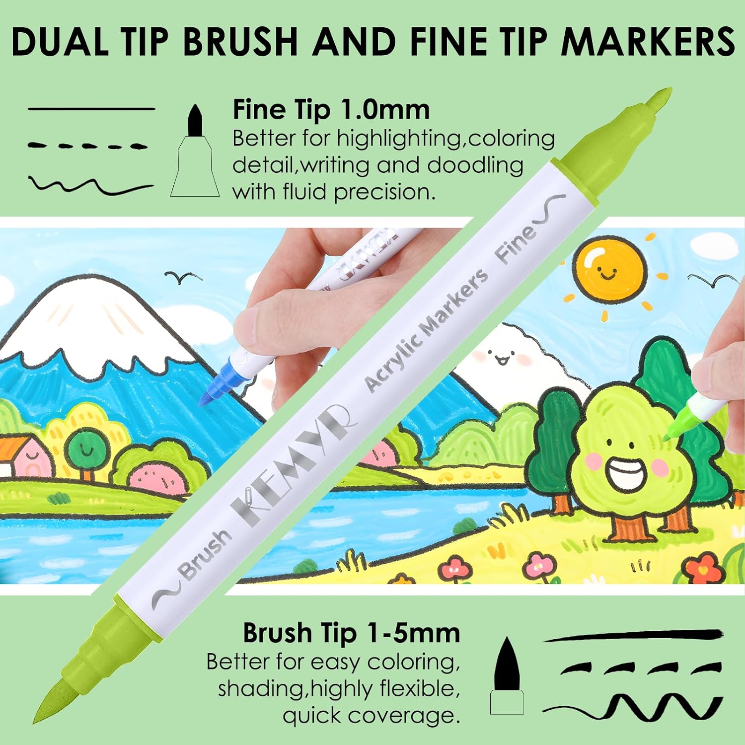 KEMYR 24 Colors Brush & Fine Tip Acrylic Paint Pens, Dual Tip Acrylic Paint Markers for Paper, Wood, Canvas, Stone, Rock, Glass, Fabric, DIY, Ceramic, Art Supplies for Adults Drawing