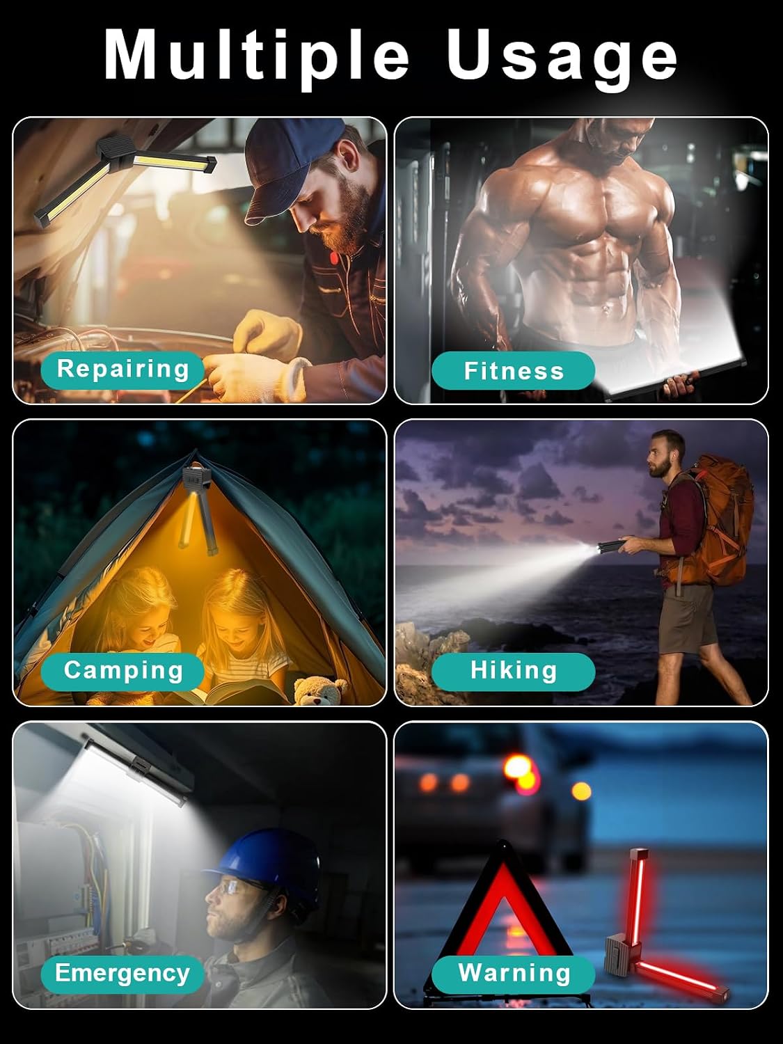 Gym Lamp, Portable Gym Lighting for Posing, Magnetic Work Light Rechargeable, 180°Rotate Foldable Camping Lamps with Hang Hook, Hiking Handheld LED Flashlight - Black