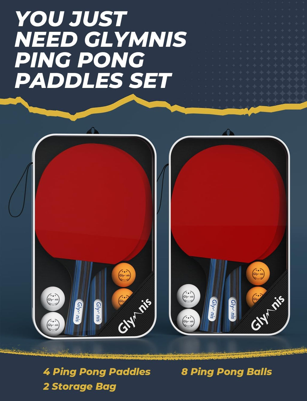 Glymnis Ping Pong Paddles Set of 4/2, 7-Ply Table Tennis Rackets and Balls