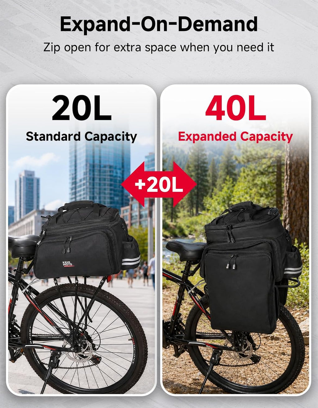 KEMIMOTO Bike Rack Bag, Expandable 40L Bicycle Rear Rack Trunk Pannier Bag