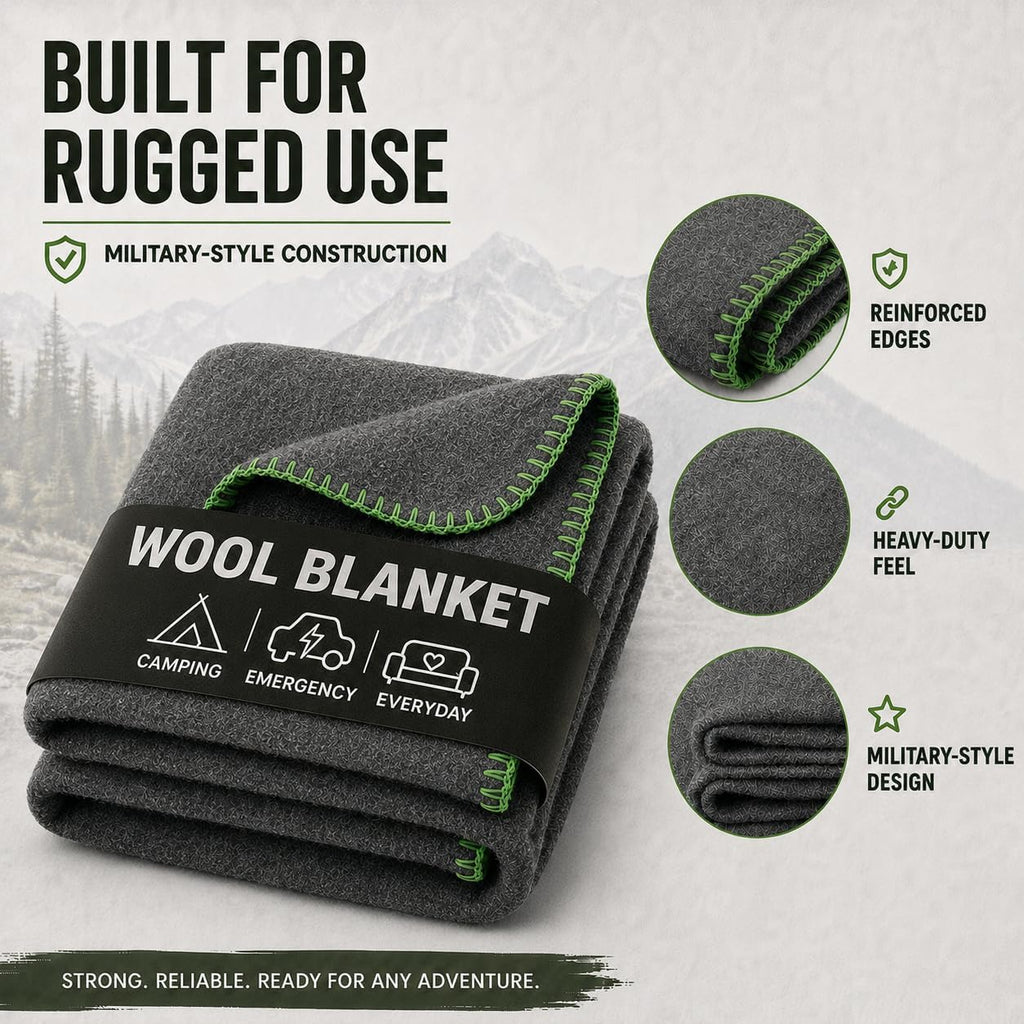 JMR Wool Camping Blanket, Fire Retardant Military Throw, Grey (66x90)