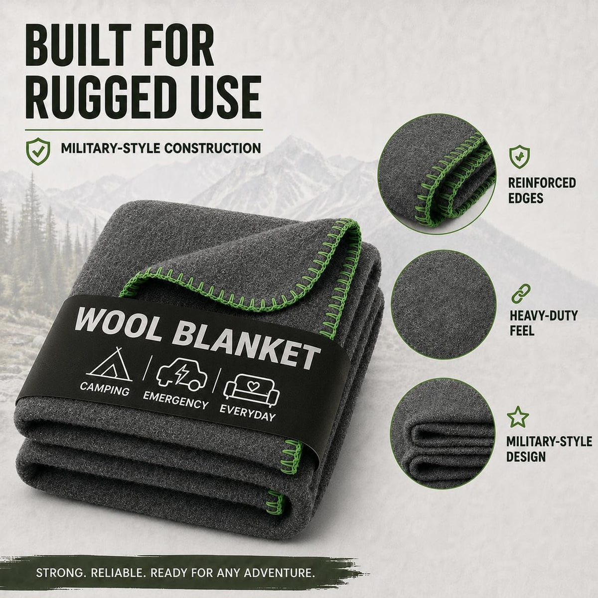 JMR Wool Camping Blanket, Fire Retardant Military Throw, Grey (66x90)
