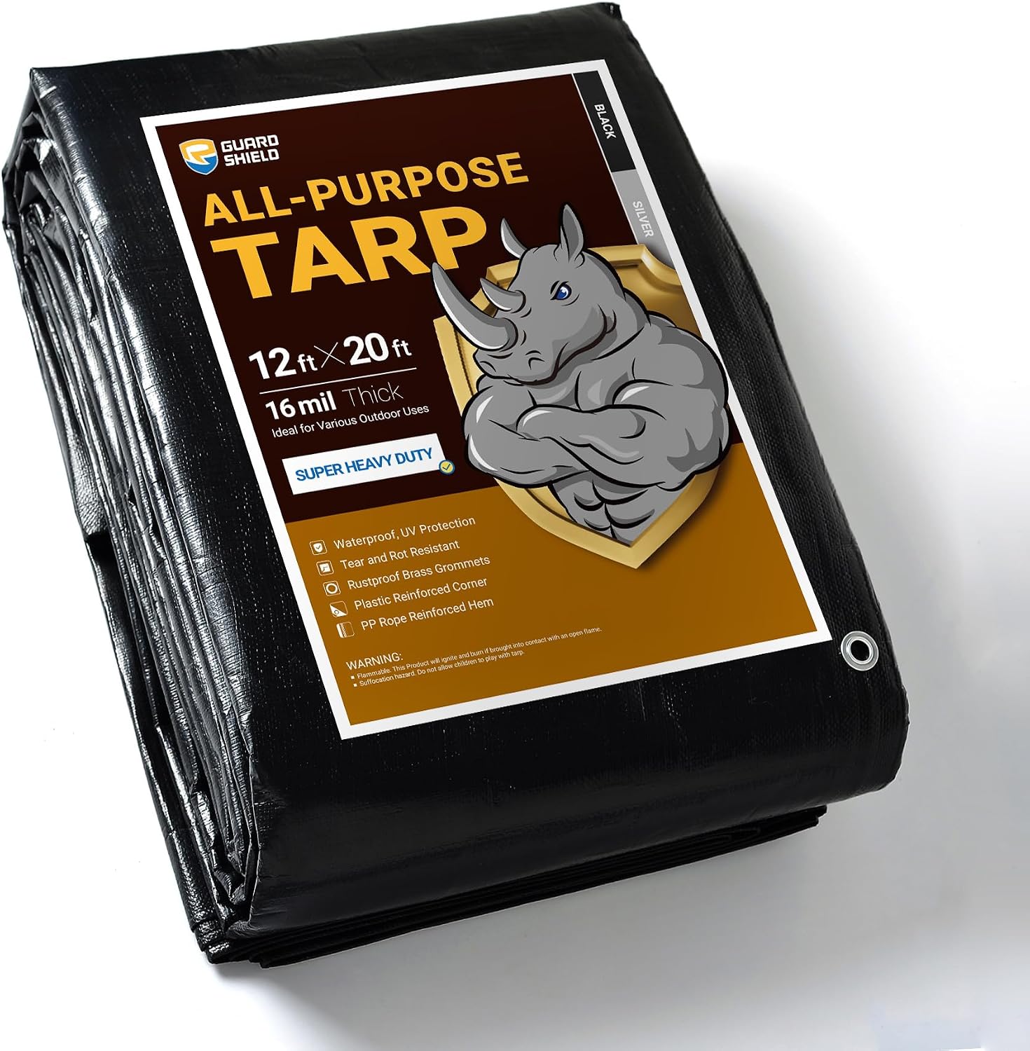 GUARD SHIELD Super Heavy Duty Black/Silver Ploy Tarp Cover 12x20 Feet Waterproof Tarps 16mil Thick UV and Tear Resistant Tarpualin