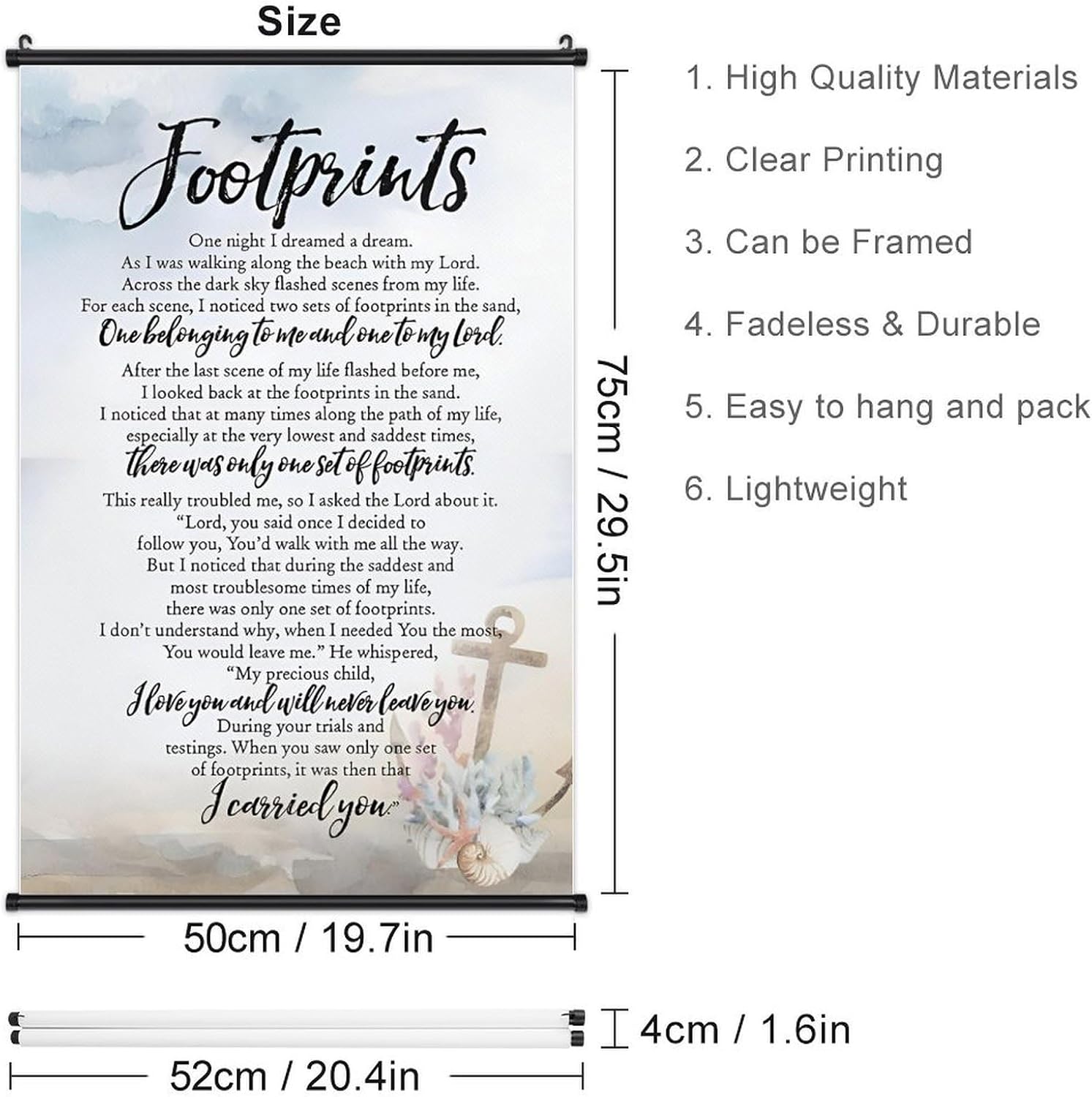 Footprints in the Sand Religious Canvas Wall Art Posters, Inspirational Beach Sunset Poem Print Poster (Black Axis 20x30inch, Footprints(6))