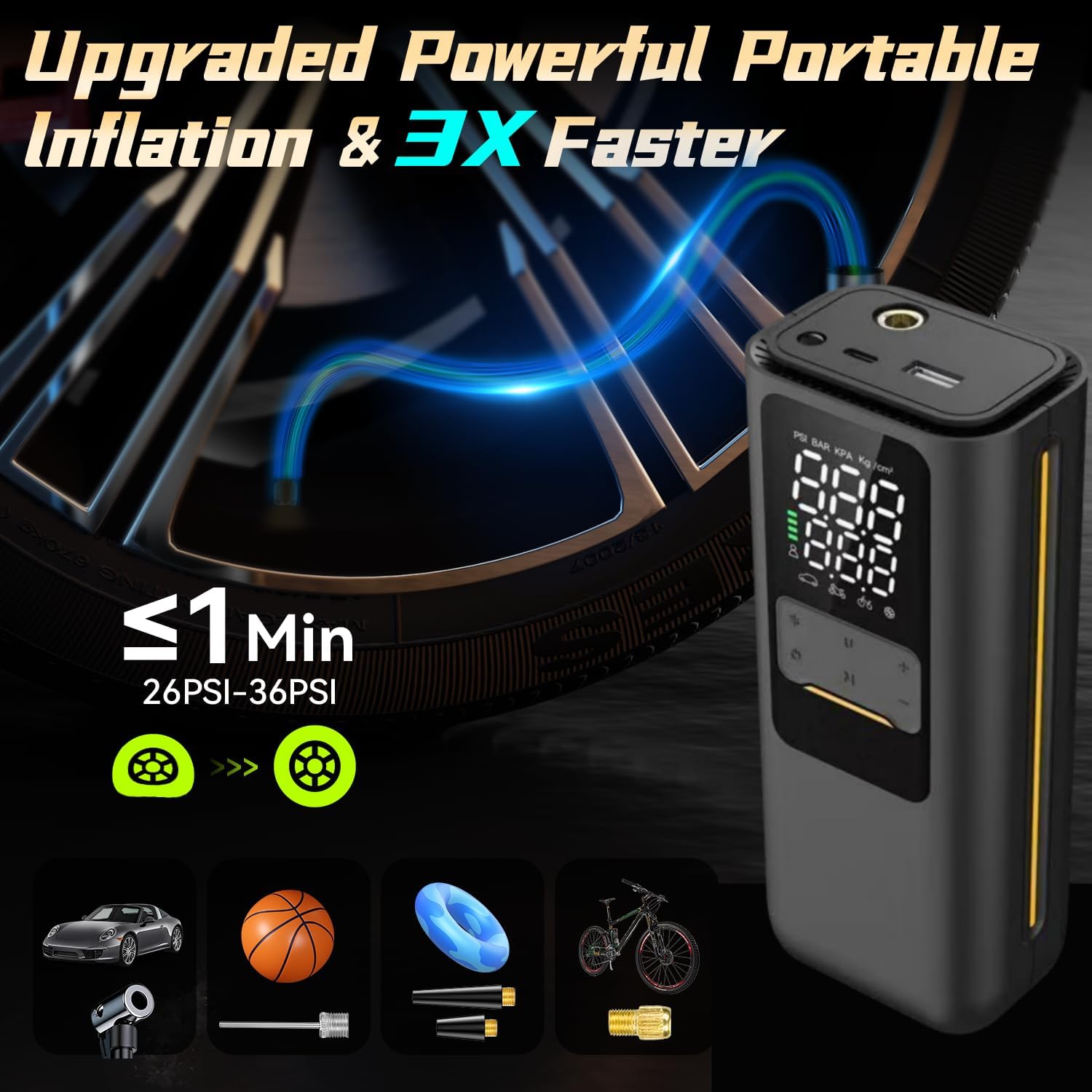 BL-01 Mini Cordless Tire Inflator, 120 PSI USB-C Rechargeable Brushless Air Pump with Digital Pressure Gauge and Auto Shut-Off for Bikes, Cars and Balls