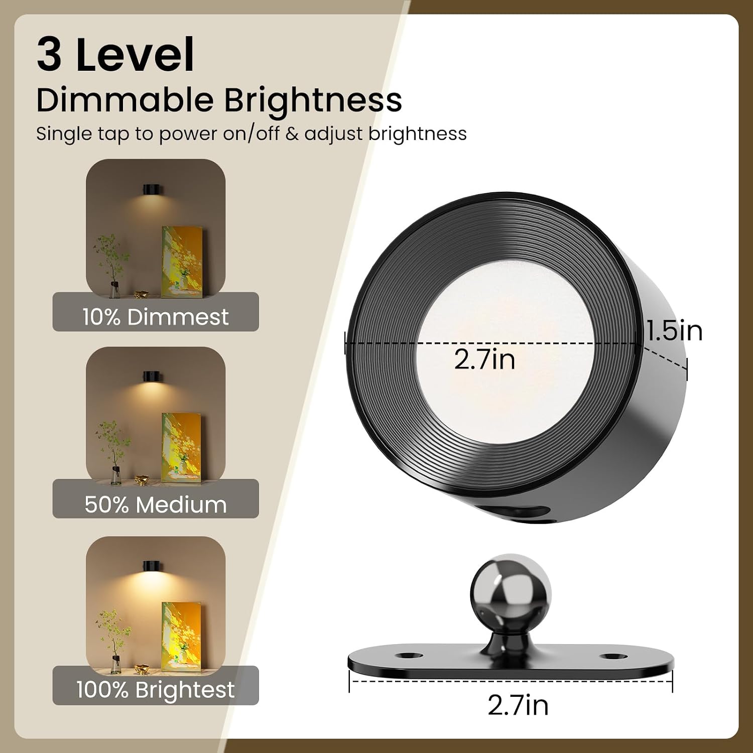 Koopala 2PCS Rechargeable Battery Operated LED Wall Lamps, Wall Mounted Lights with 3 Brightness 3 Color Temp Removable Charging 360°Rotate Magnetic, Cordless Wall Sconces for Reading Bedside-Black