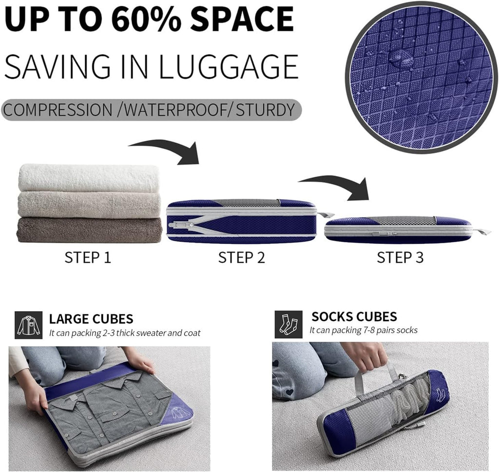 9-Set Packing Cubes with Hanging Bag | 9-Size Combination, Mesh Fabric & Reflective Stripe | Travel Luggage Organizers (Navy)