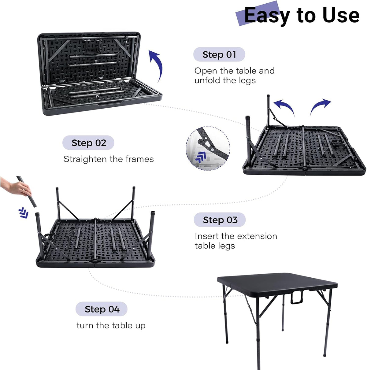 34" Square Folding Card Table,Fold-in-Half Utility Portable Table,Black