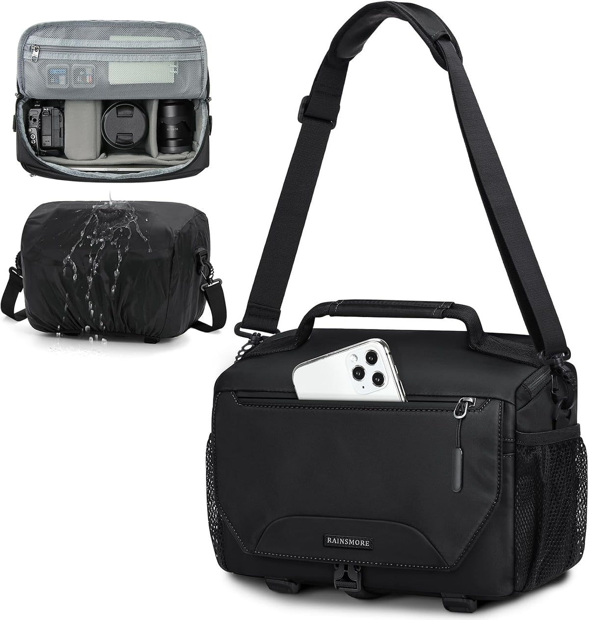 RAINSMORE Camera Bag, Small Camera Sling Bag Waterproof Camera Case, Black