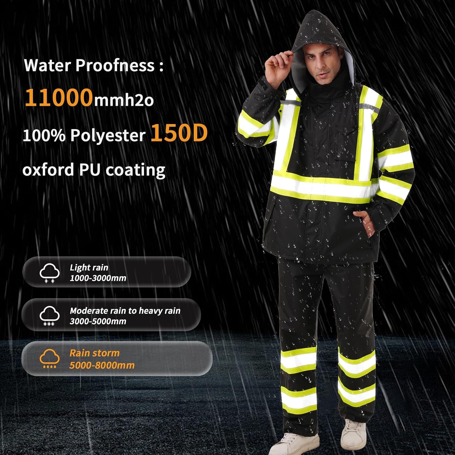 Hi Vis Safety rain Jacket，Reflective Class 3 Rain coat with Inner Mesh Lining and Pockets High Visibility Waterproof work Rain Suits for men&women（Black,LG/XL）