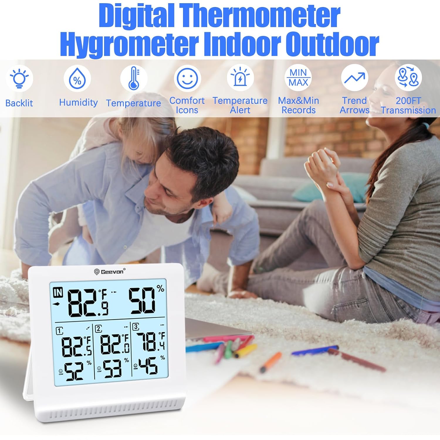 Geevon Indoor Outdoor Thermometer Wireless with 3 Remote Sensors, Digital Hygrometer Thermometer, Temperature Gauge Humidity Monitor with Backlight, 200FT/60M Transmission Range