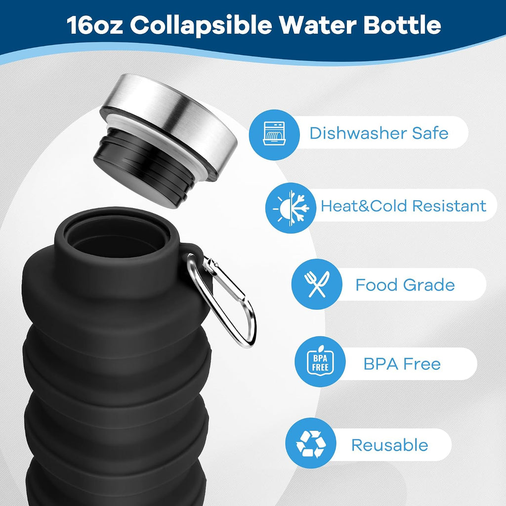Collapsible Water Bottle,17oz Reusable BPA Free Silicone Foldable Water Bottles for Travel Gym Camping Hiking Outdoor Indoor Sport-(Black+Gray)