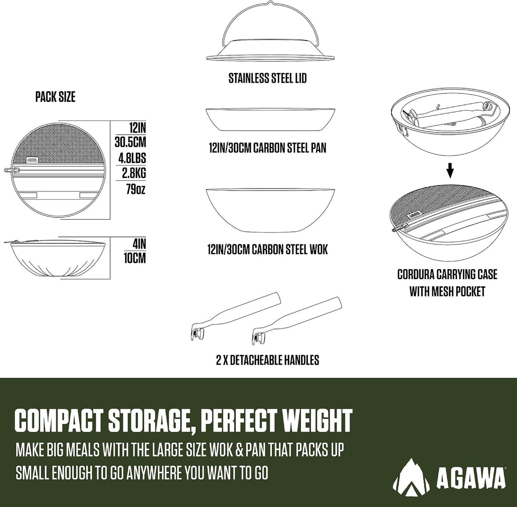 AGAWA CARBONTRAIL12 Adventure Cook Set | Nitrided Carbon Steel Camping Cookware with Removable Handles & Cordura Storage Case | Lightweight Outdoor Cook Set for Camping, Open Fire Cooking