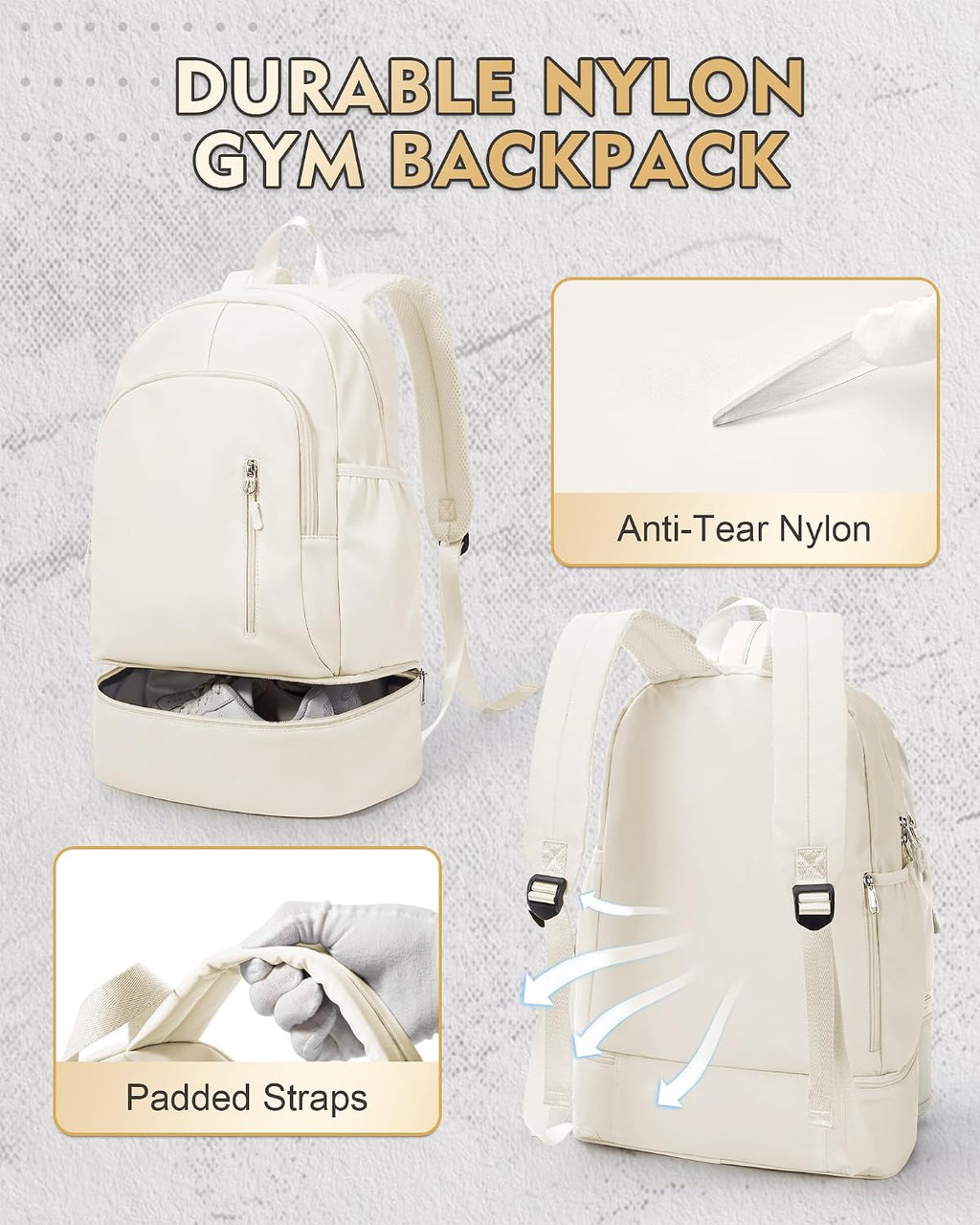 Gym Backpack for Women Men, Lightweight Gym Bag with Shoe Compartment, Waterproof Sports Backpack with Wet Pocket for Yoga Fitness Sports, Beige