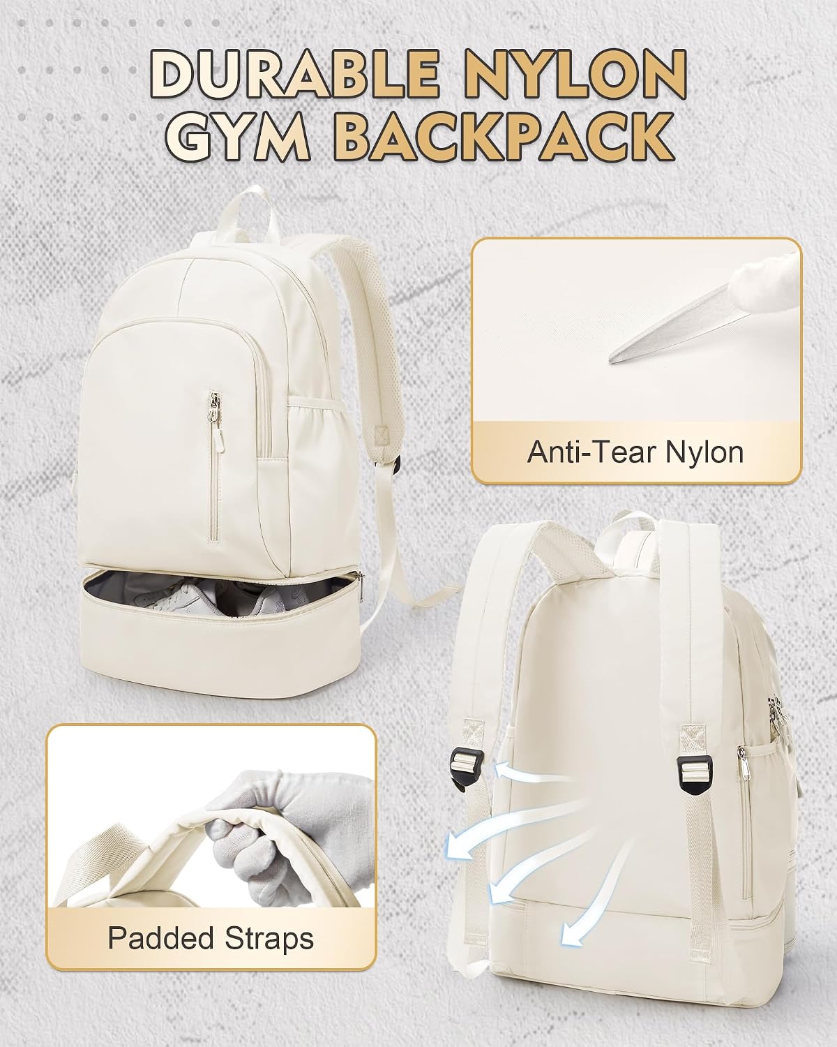 Gym Backpack for Women Men, Lightweight Gym Bag with Shoe Compartment, Waterproof Sports Backpack with Wet Pocket for Yoga Fitness Sports, Beige