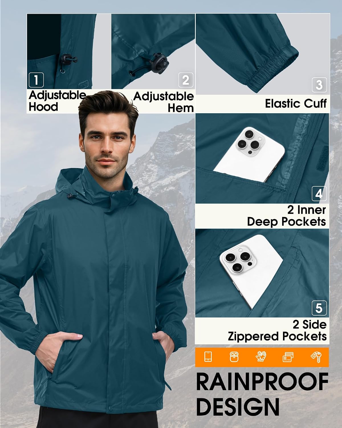 Outdoor Ventures Men's Rain Jacket Waterproof Lightweight Packable Raincoat