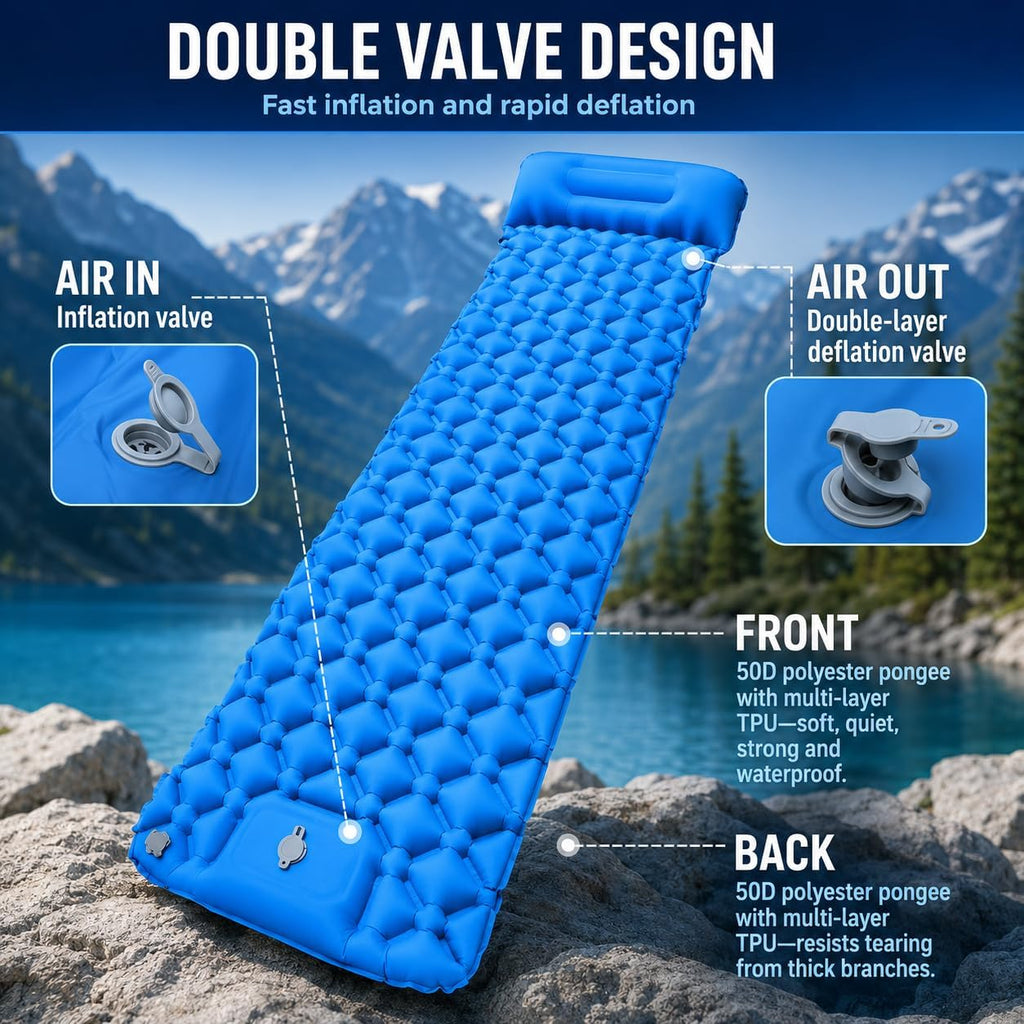 Camping Sleeping Pad, Ultralight Camping Mat with Pillow, Built-in Foot Pump Inflatable Sleeping Pads Compact for Camping Backpacking Hiking Traveling Tent - Blue