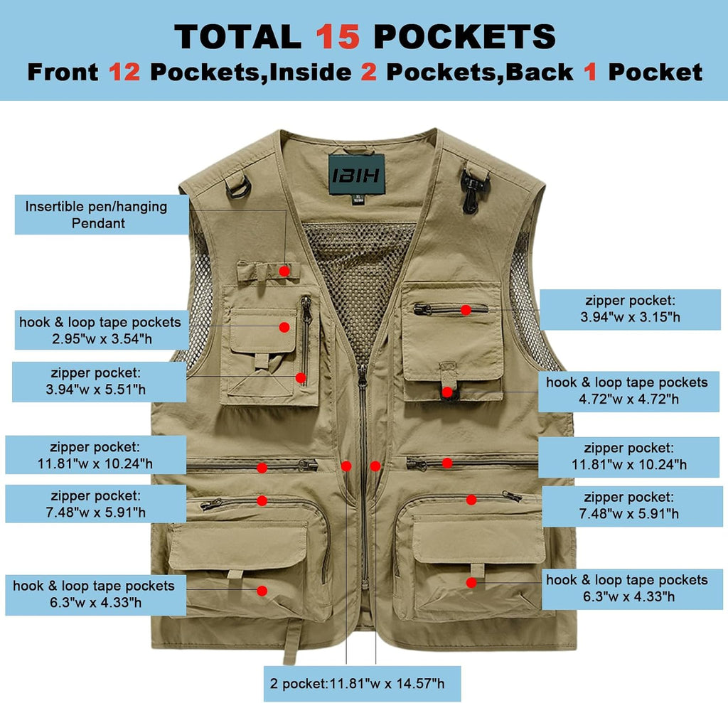 Mens Outdoor Vest Breathable Quick-Dry Fishing Vest Camping Hiking Lightweight Vest with Multi-Pocket