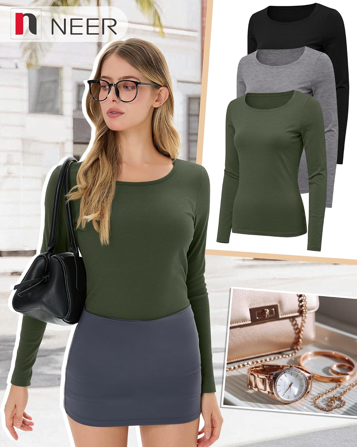 Neer 3 Pack Womens Thermal Shirts Crew Neck Fleece Lined Tops