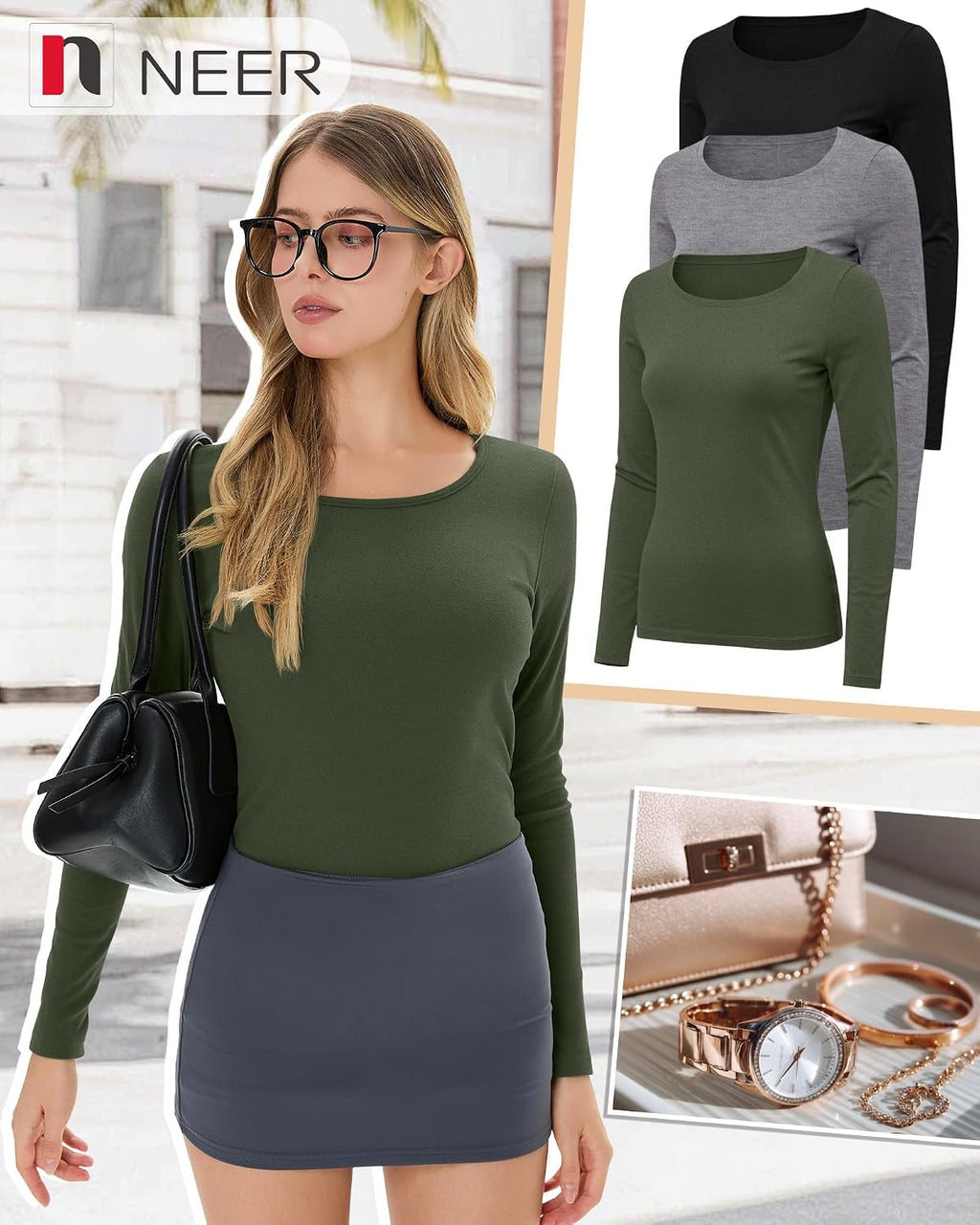Neer 3 Pack Womens Thermal Shirts Crew Neck Fleece Lined Tops