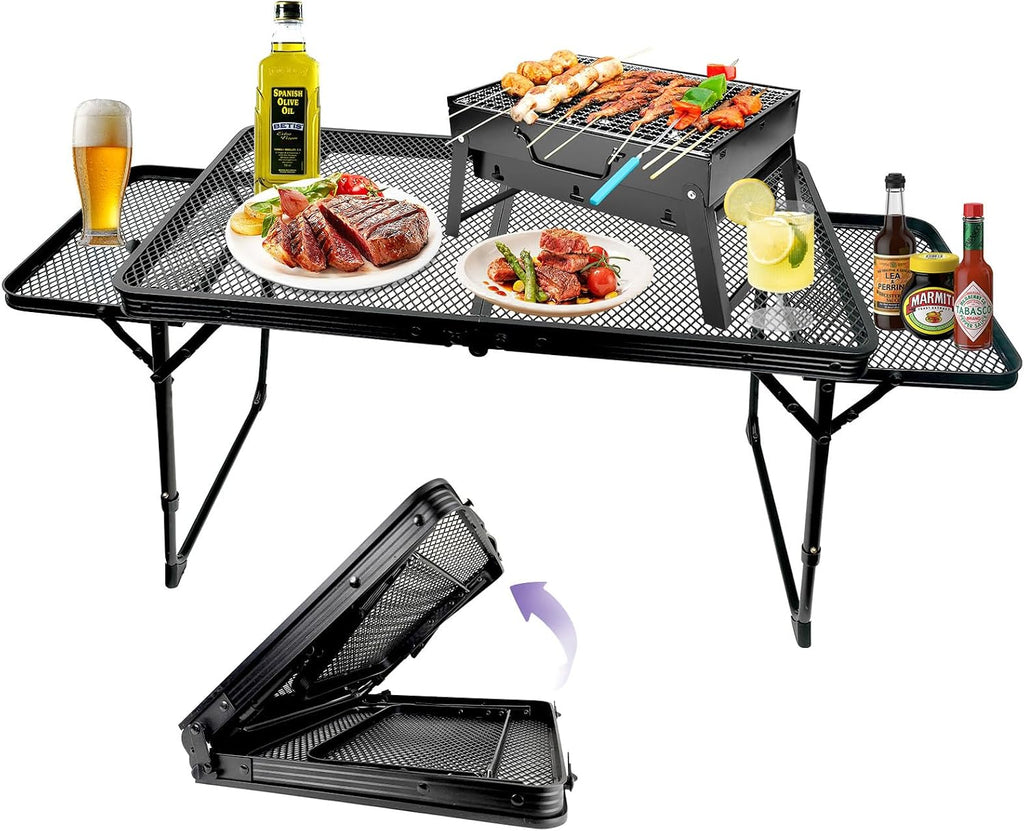 BRIAN & DANY Camping Table Folding Grill Table, Small Foldable Table Height Adjustable, Portable Metal Picnic Table for Outdoor, Black, 2x1.3FT