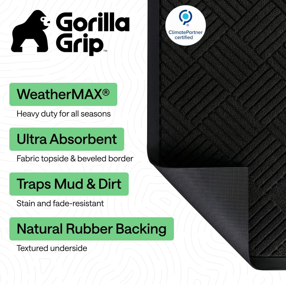 GORILLA GRIP WeatherMAX Door Mat, Indoor Outdoor Use, 29x17, Black Diamond