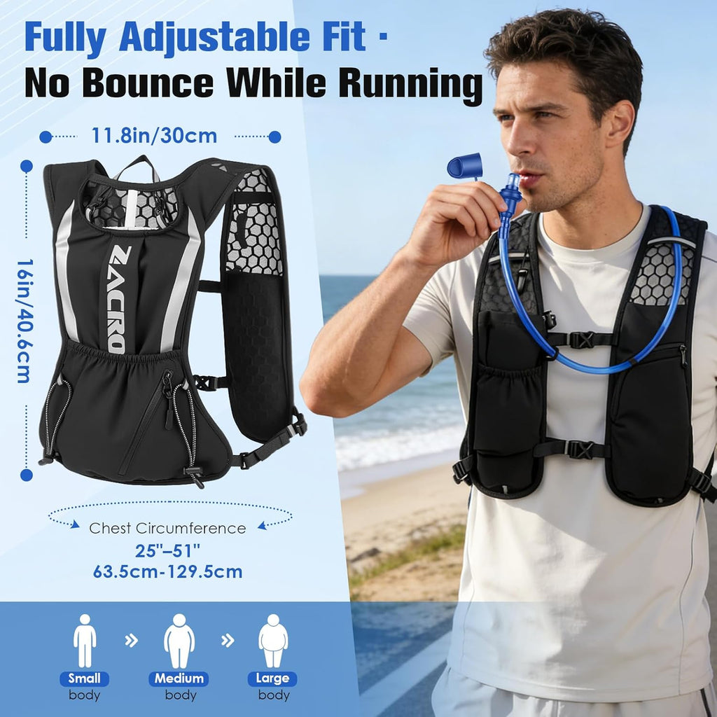 Zacro Running Hydration Vest Backpack, Running Vest with 2L Water Bladder for Men Women, Lightweight Water Backpack for Running, Hiking, Climbing, Camping, Cycling
