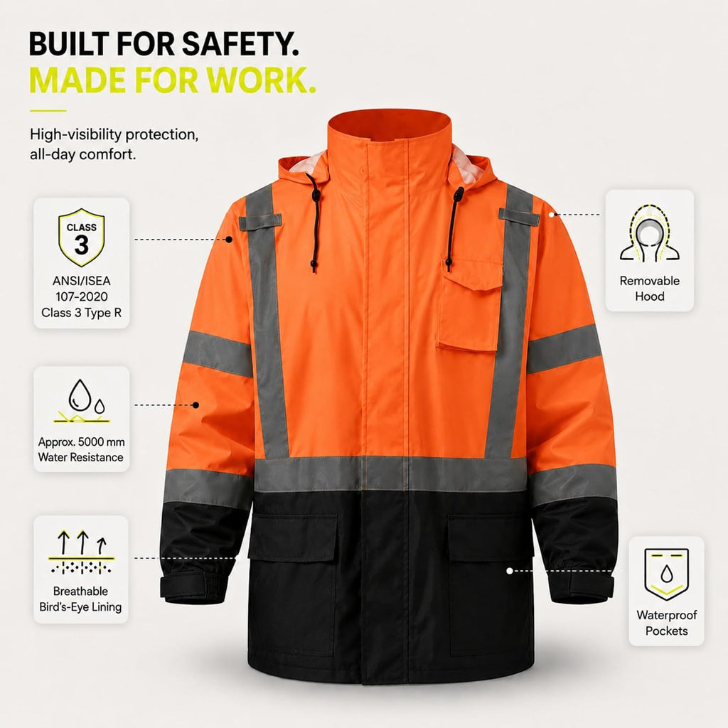 SKSAFETY Hi Vis Safety Rain Jacket for Men, Construction Work Rain Gear Heavy Duty Class 3 Rain Coat Waterproof Lightweight