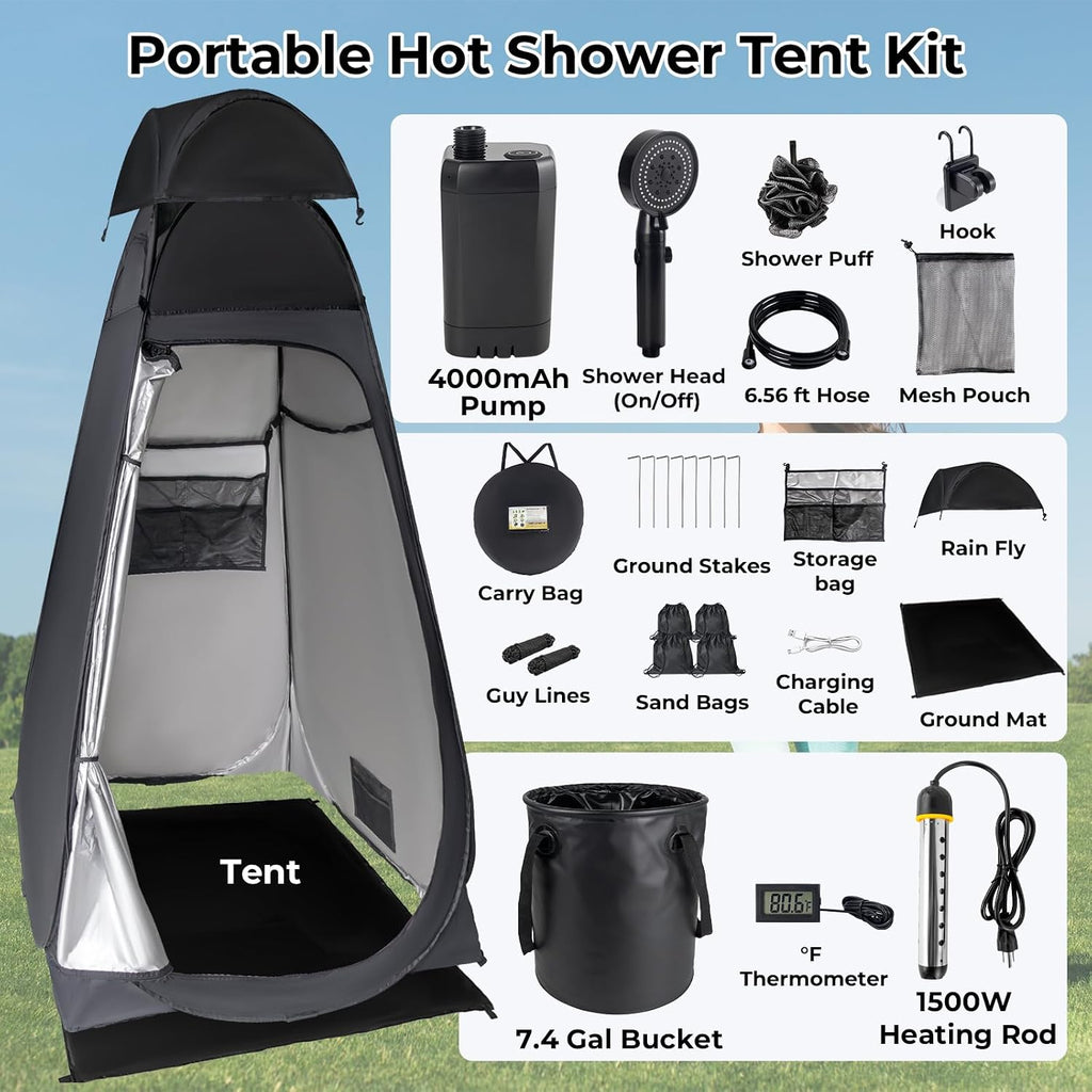 Portable Camping Shower Kit Upgraded Pop Up Privacy Tent with 1500W Heater