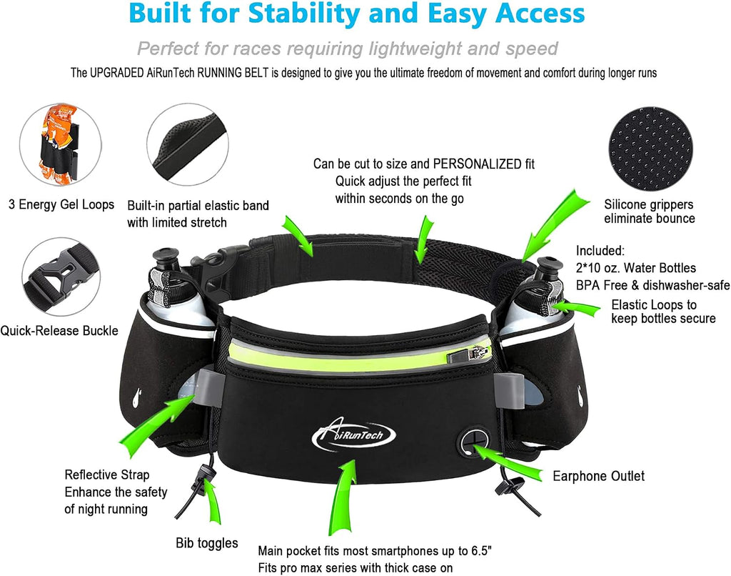 AiRunTech Hydration Running Belt with Water Bottle, Running Fanny Pack for Phone and Wallet Holder, Running Bag Runners Essentials Accessories Marathon Triathlon Walking Jogging Gear Gift