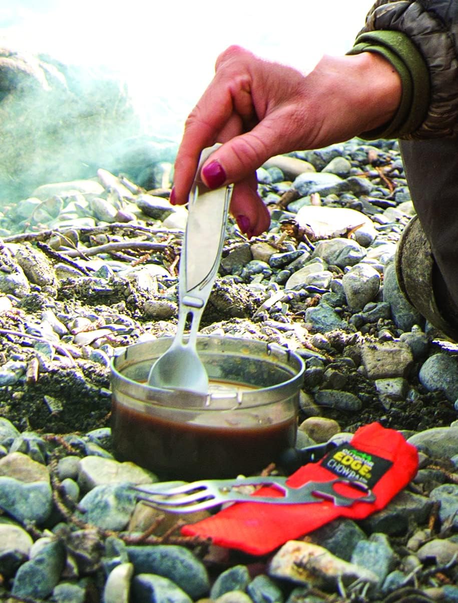 Outdoor Edge ChowPal - Mealtime Multitool with Folding Knife, Fork, Spoon, Bottle Opener, Can Opener, Graduated Wrench, and Screwdriver - 100% Stainless Steel Construction with Nylon Storage Pouch