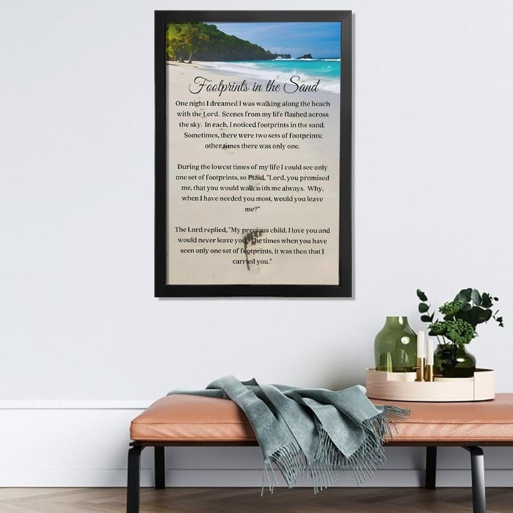 Footprints in the Sand Religious Canvas Wall Art Posters, Inspirational Beach Sunset Poem Print Poster (Black Framed 16x24inch, Footprints(4))