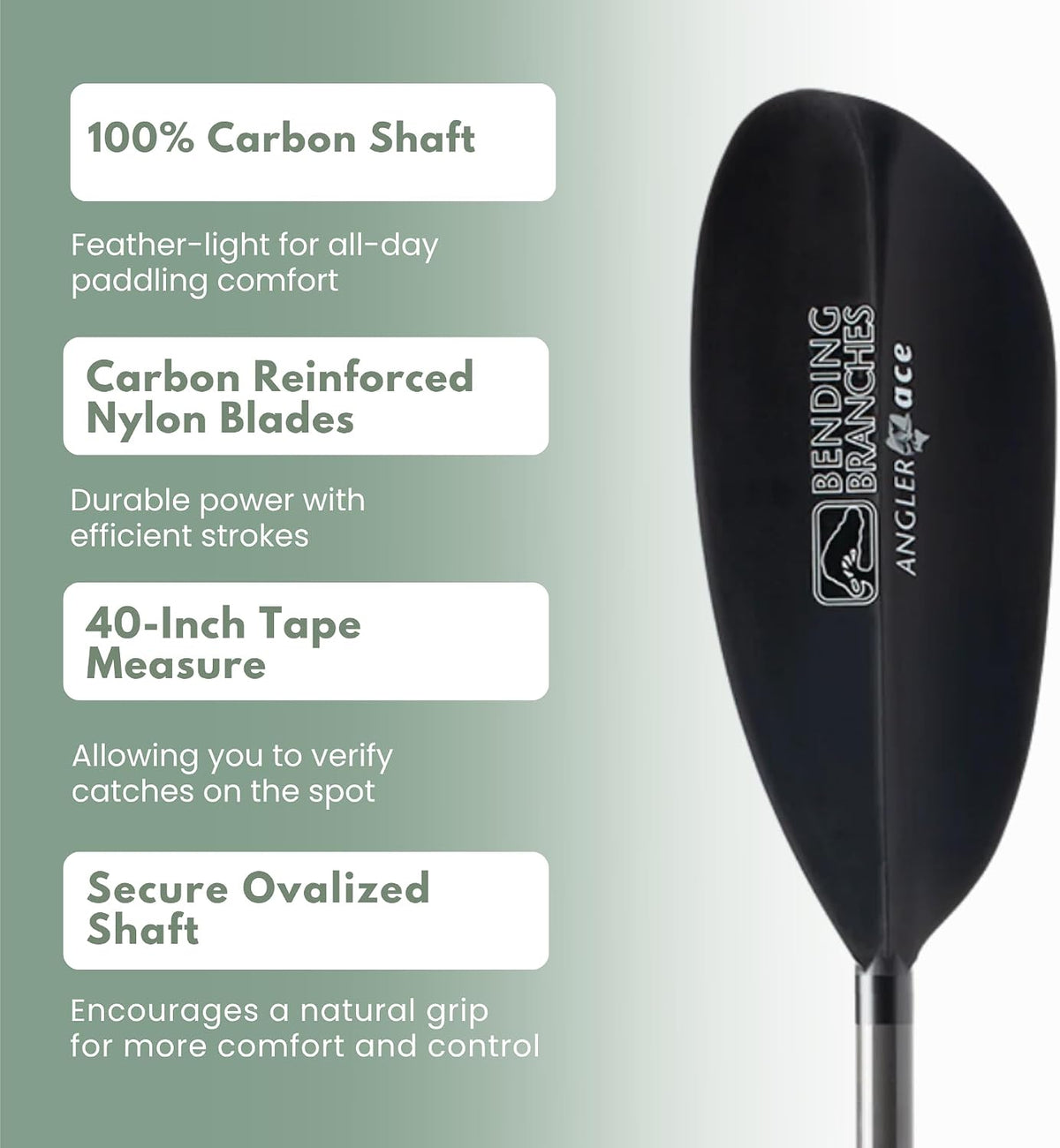 Bending Branches Angler Ace Snap-Button Kayak Fishing Paddle – Lightweight Carbon Shaft, Carbon-Reinforced Nylon Blades, 2-Piece Design, Durable Performance for Fishing & Touring Kayaks