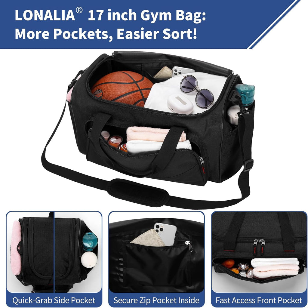 30L Gym Sport Duffle Bag, 17 inch, Black