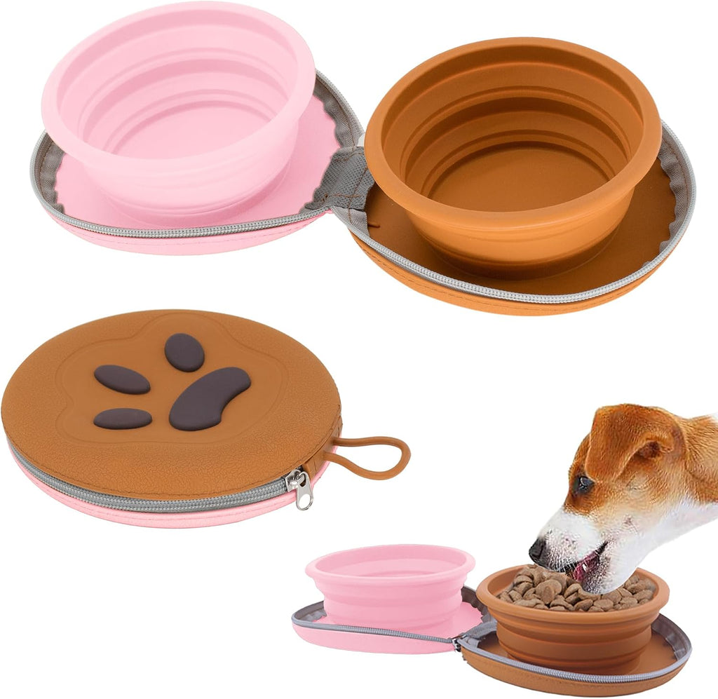 Collapsible Dog Bowls, 2-in-1 Pet Food Water Feeder Brown Pink