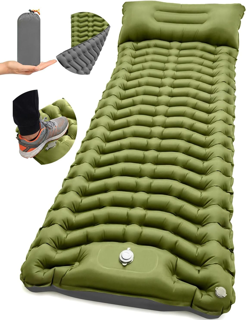Camping Sleeping Pad, Inflatable Camping Mattress Pad with Built-in Pillow & Foot Pump, 4 Inch Thick Ultralight Sleeping Air Mattress for Backpacking, Hiking, Traveling, Tent Camping - Olive Green
