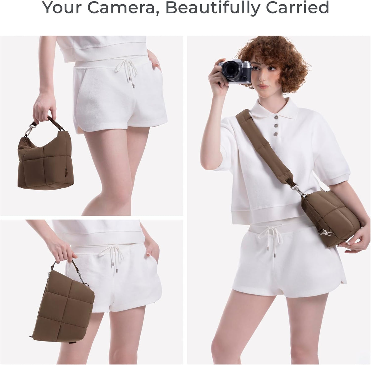 Comfyable Puffy Camera Bag, Soft Pillow Camera Bag with Shoulder Strap, Water-resistant Cute Compact Shooting Purse for Mirrorless DSLR SLR Women and Men, Mocha Brown