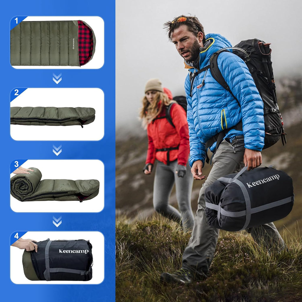 Keencamp 0 Degree Sleeping Bag Cotton Flannel Winter Cold Weather for Adults XXL Sleeping Bag 4 Season Big and Tall with Pillow Compression Sack
