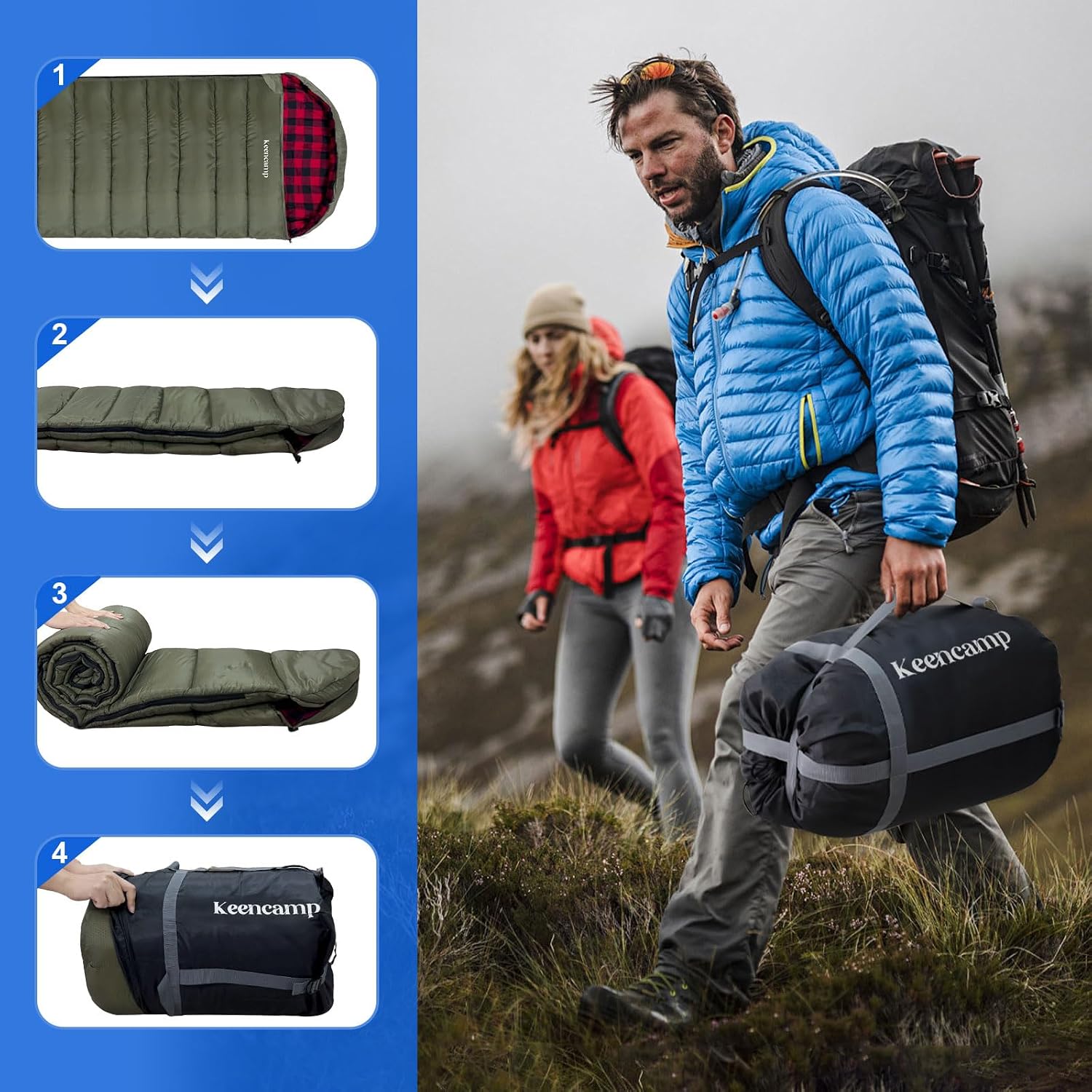 Keencamp 0 Degree Sleeping Bag Cotton Flannel Winter Cold Weather for Adults XXL Sleeping Bag 4 Season Big and Tall with Pillow Compression Sack