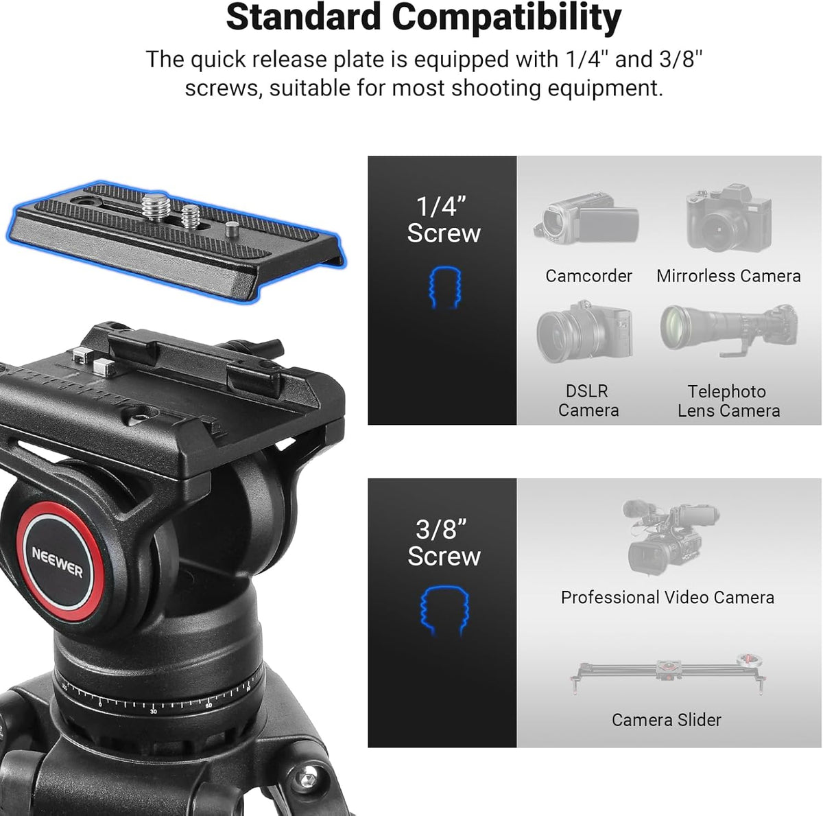 NEEWER 74" Video Tripod with Fluid Head, QR Plate , Aluminum Heavy Duty Camera Tripod Professional for DSLR Cameras Camcorders, Max Load 17.6lb/8kg, TP74