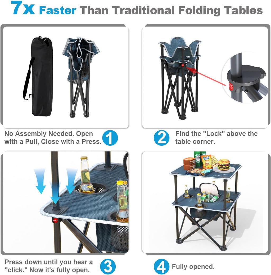 Folding Beach Table, Camping Table for Sand with Insulated Cooler Storage & 4 Cup Holders, Portable Pop Up Picnic Table, Lightweight Side Table for Outdoor