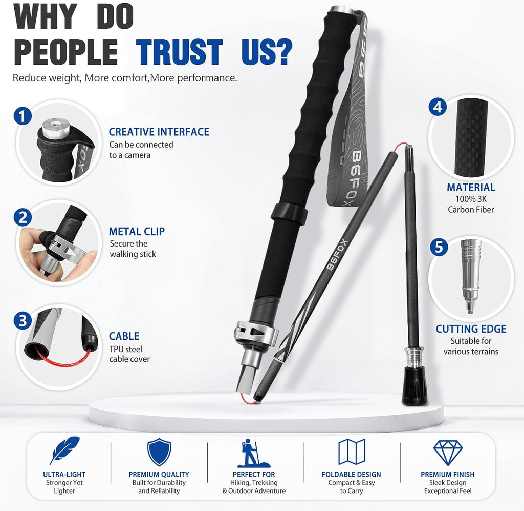 3K Carbon Fiber Collapsible Trekking Poles for Men & Women