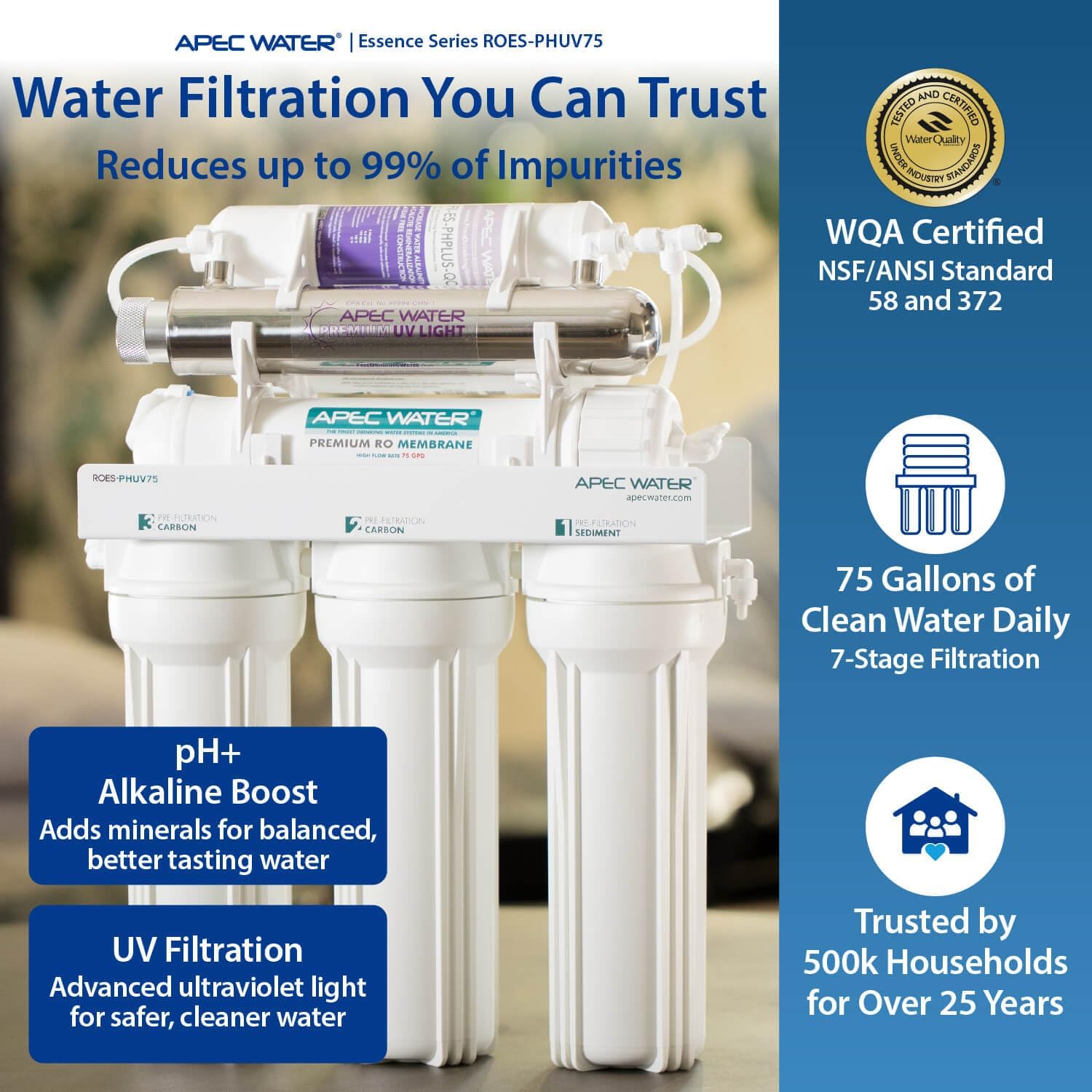 APEC Water ROES-PHUV75, 7-Stage Under Sink RO System, Alkaline & UV, 75 GPD