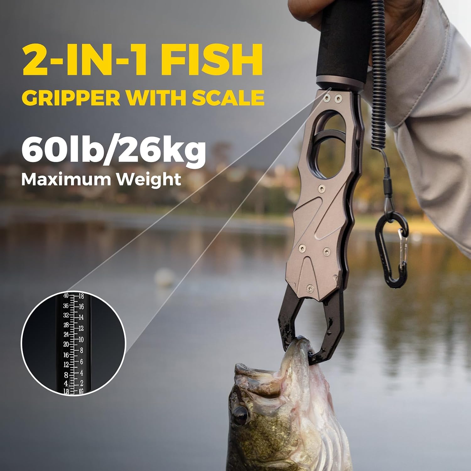 2-in-1 Fish Lip Gripper, One-Finger Operation Aluminum Alloy Fish Gripper with Scale, 60lb Weighing Fish Grabber for Large Fish, 360° Swivel Handle, Corrosion-Resistant for Saltwater & Freshwater