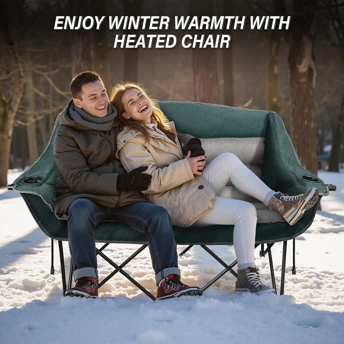 Heated Double Camping Chairs,3 Heat Levels Padded Portable Loveseat w/Wine Glass Holder,Cup Holder,Heating Outdoor Camp Couch Support 600 Lbs,Dark Green,Battery NOT Included