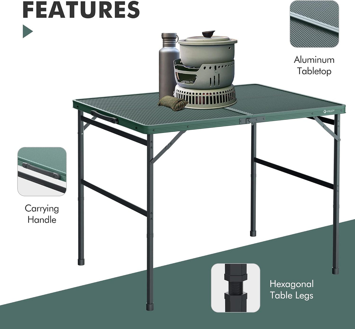 VILLEY 3ft Folding Camping Table, Aluminum Grill Table with Adjustable Legs