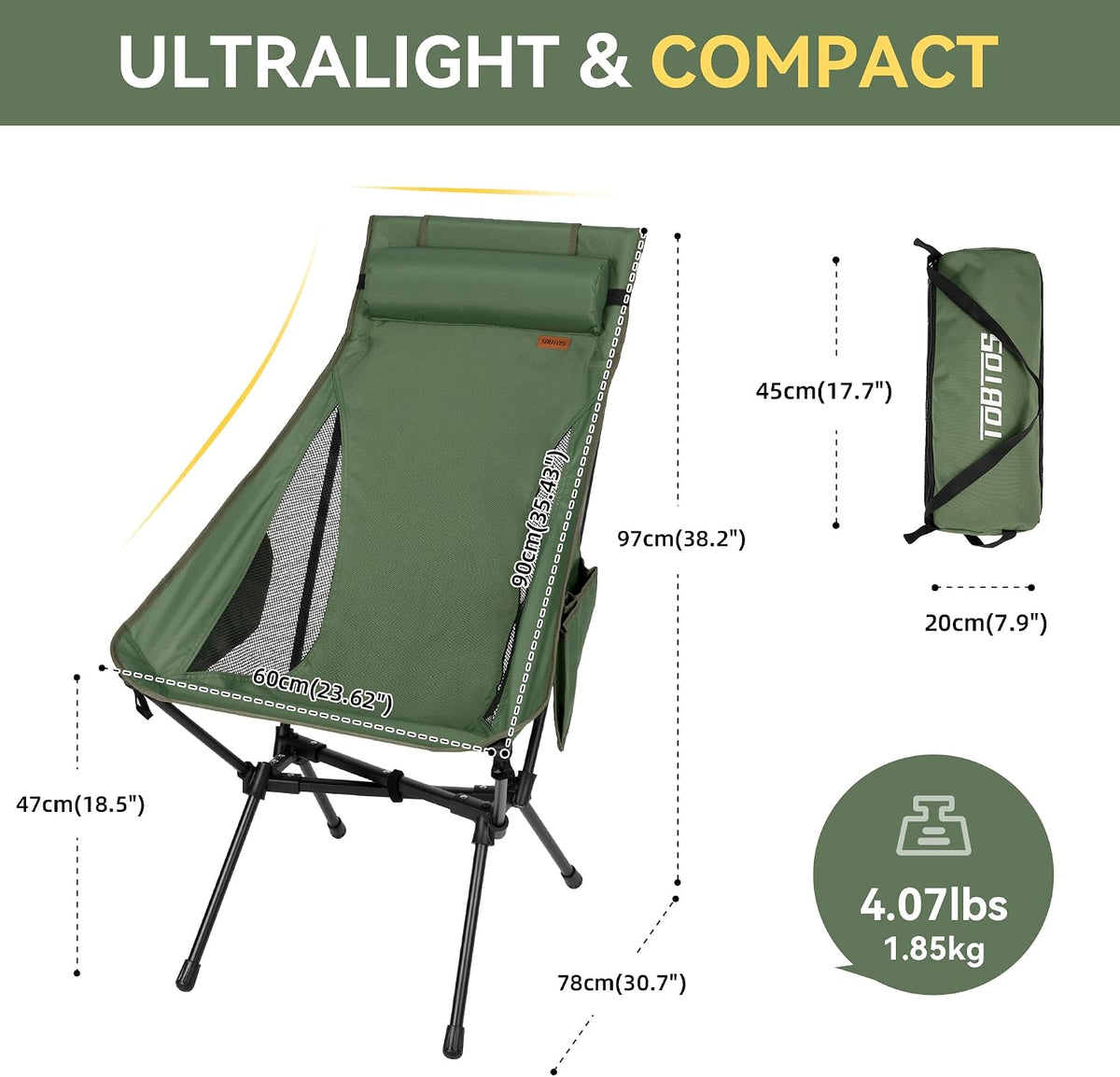 TOBTOS Portable High Back Camping Chair, Support 440 lbs, Ultralight Folding Chair with Head Support, Compact Backpacking Chair for Outdoor Camp Backpacking Fishing (Green)