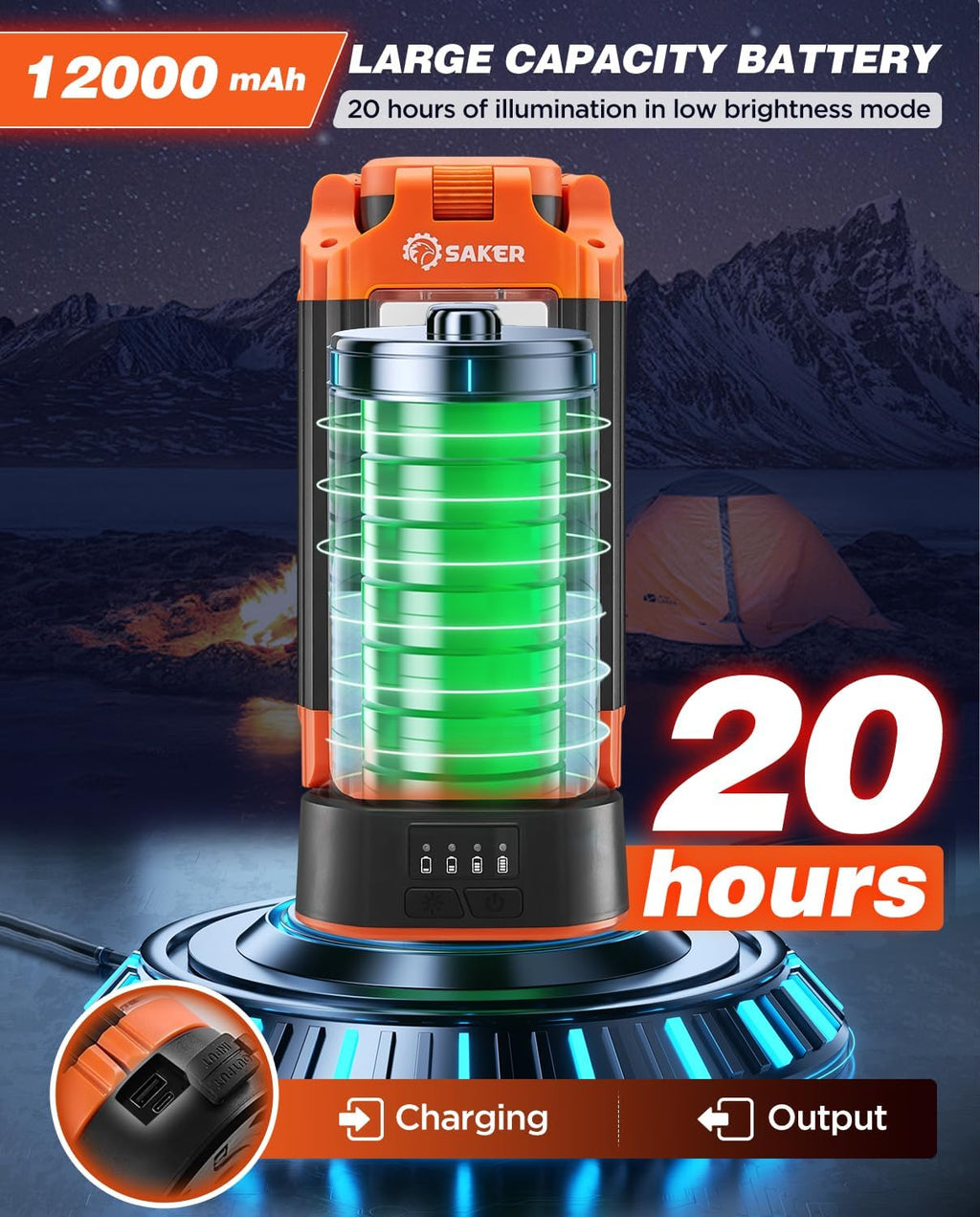 Saker Portable Camping Light with Stand 12000mAh 73.2" Work Light LD10
