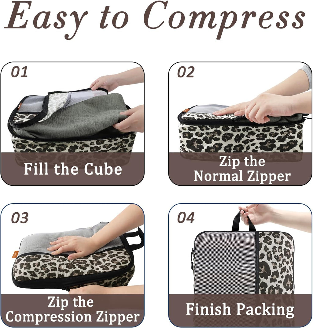 U+U 4 Set Compression Packing Cubes, Travel Organizers (Leopard)